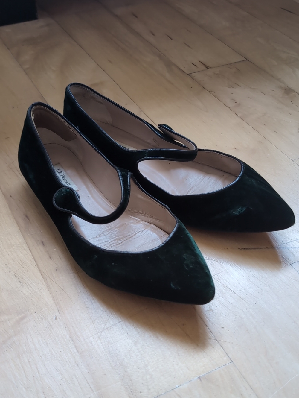 L.K. Bennett Dark Green Velvet Mary Jane Flats
